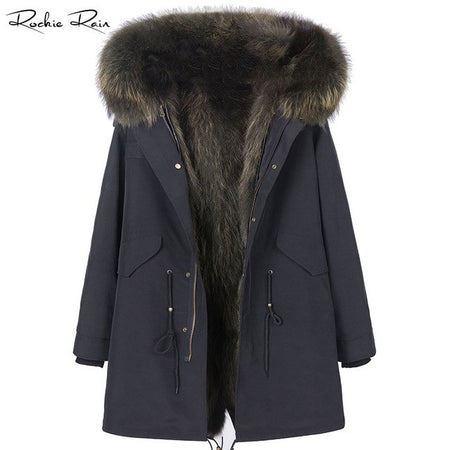 Women Real Fur Parka Coat Raccoon Fur Lined Jacket 2018 New Lady's Fall Winter Warm Overcoat