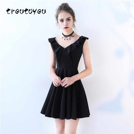 Treutoyeu Sexy Dresses Solid Black Sleeveless V Neck Fashion 2018 Summer A-Line Sexy Women Mini Party Dress D008