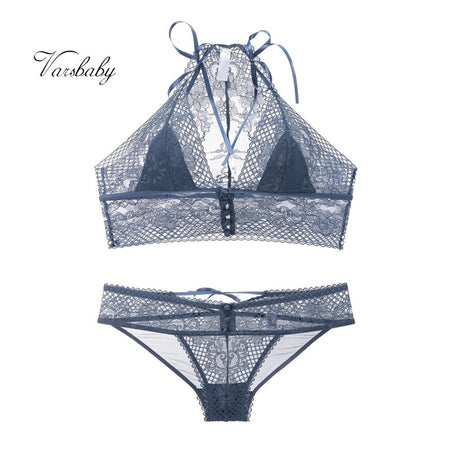 Varsbaby new ultra-thin wire free transparent bra halter front closure underwear set for women
